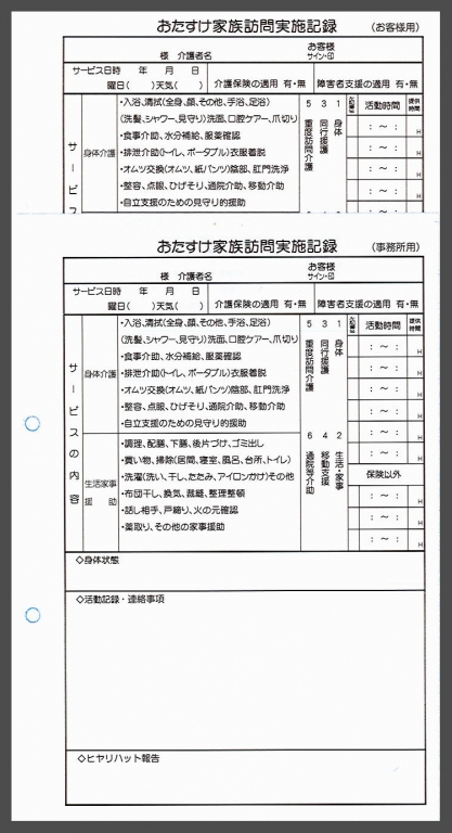 愛知県で訪問介護業を営まれるT様より頂いた【おたすけ家族訪問実施記録】の納品実績です。