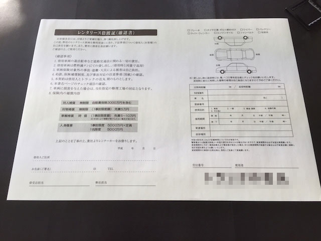 茨城県　自動車レンタル業　レンタリース借渡証　（２枚複写）