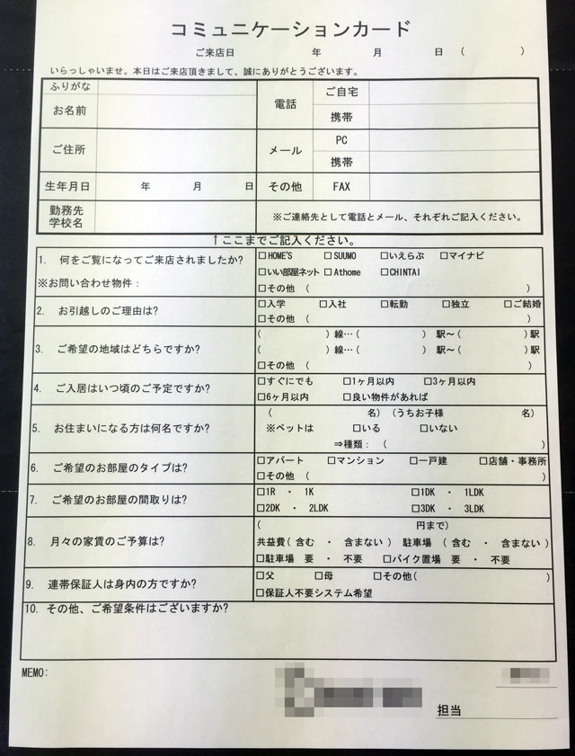 東京都　不動産業　コミュニケーションカード　(２枚複写)