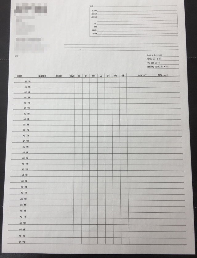 東京都　アパレル業　海外用オーダーシート　(3枚複写)