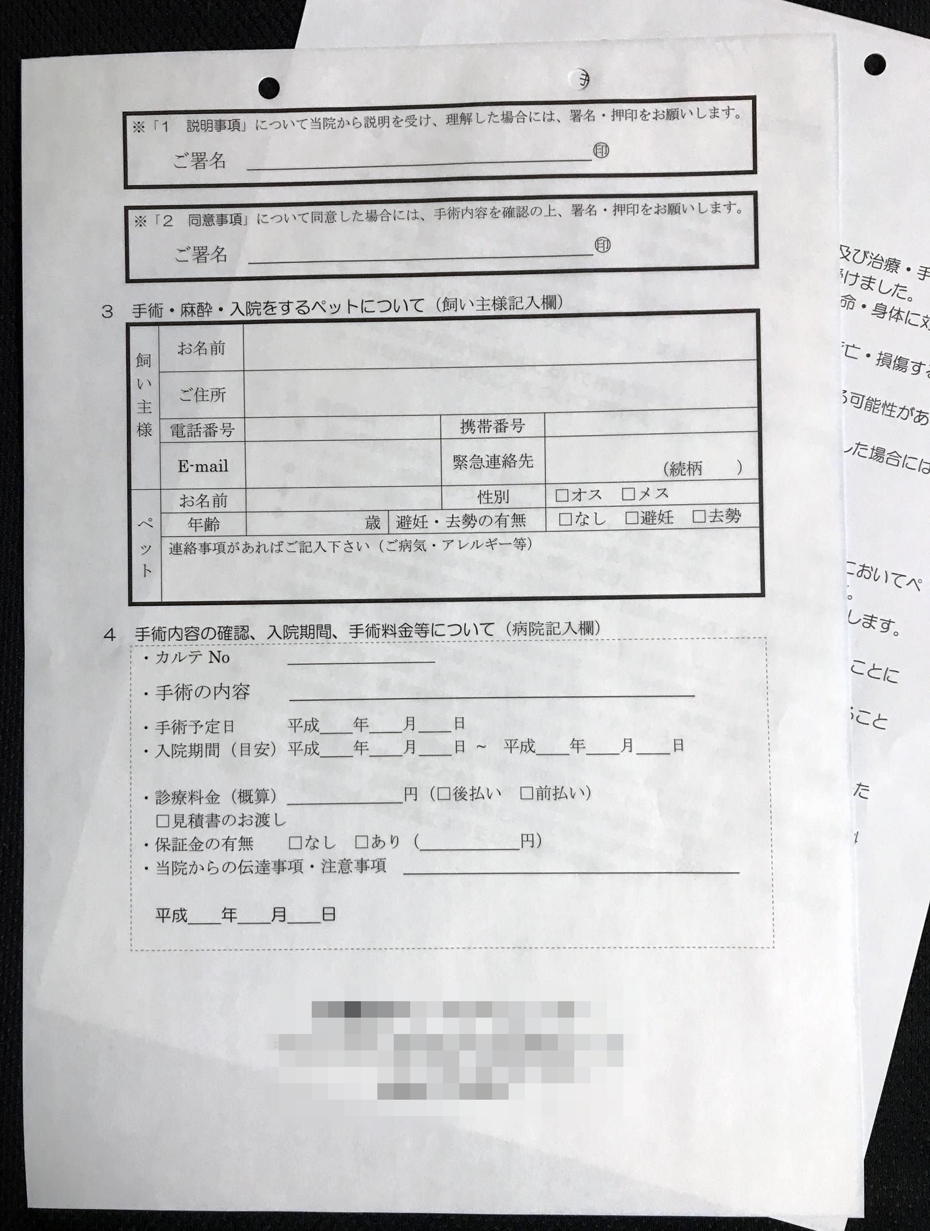 東京都　動物病院　手術同意書　(１+２枚複写)